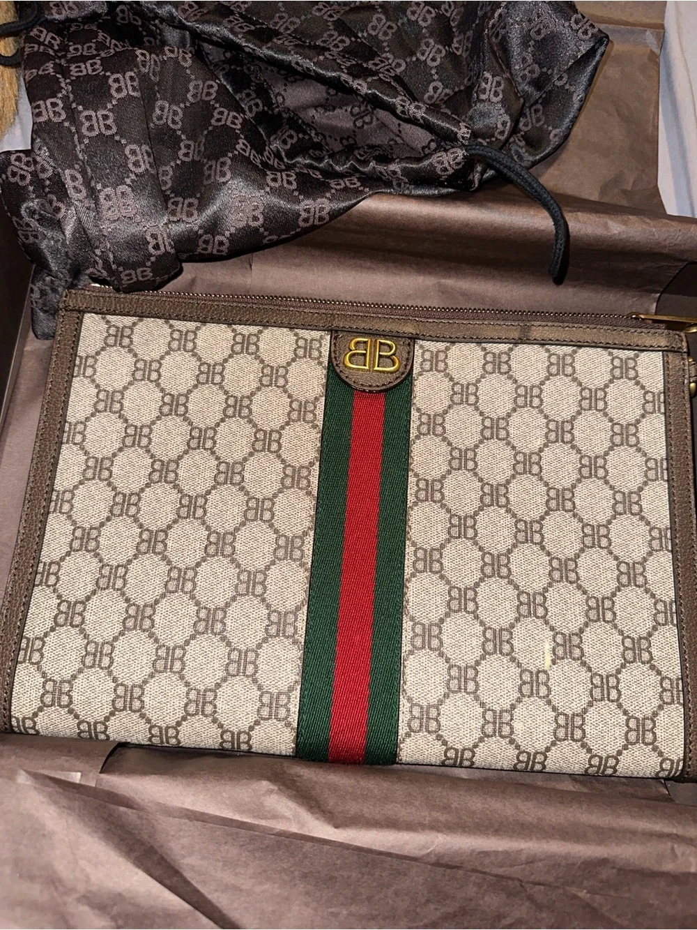 Balenciaga Beige Monogram Canvas Pouch with Green and Red Center Stripe